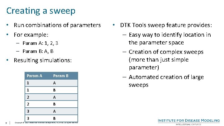 Creating a sweep • Run combinations of parameters • For example: – Param A: