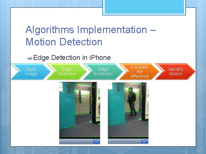 Algorithms Implementation – Motion Detection Edge Input image Detection in i. Phone Edge Detection Algorithms Implementation – Motion Detection Edge Input image Detection in i. Phone Edge Detection