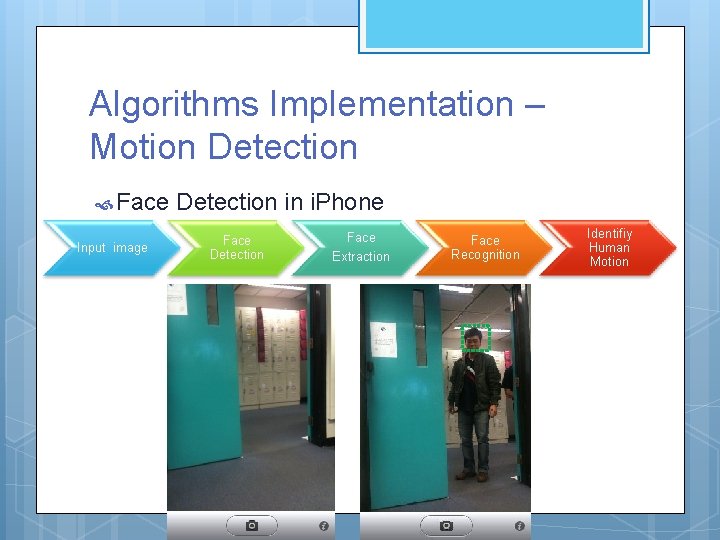 Algorithms Implementation – Motion Detection Face Input image Detection in i. Phone Face Detection Algorithms Implementation – Motion Detection Face Input image Detection in i. Phone Face Detection