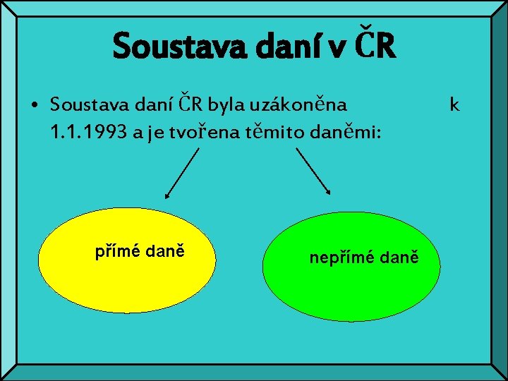 Soustava daní v ČR • Soustava daní ČR byla uzákoněna 1. 1. 1993 a