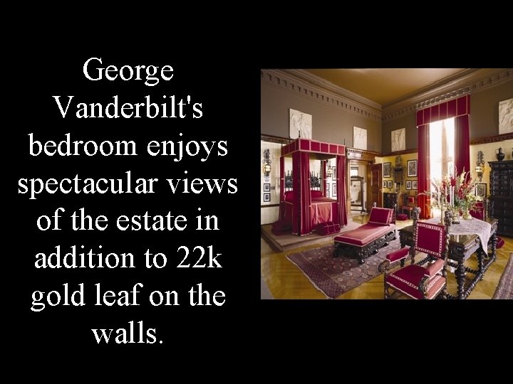 George Vanderbilt's bedroom enjoys spectacular views of the estate in addition to 22 k