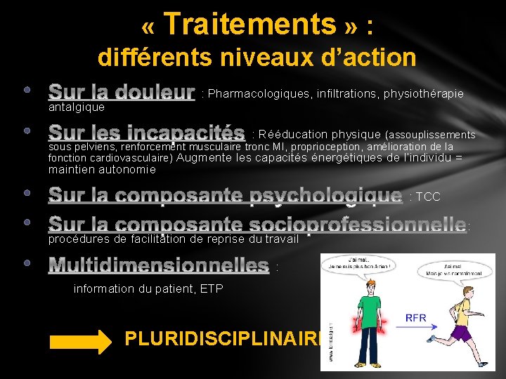 « Traitements » : différents niveaux d’action • • : Pharmacologiques, infiltrations, physiothérapie