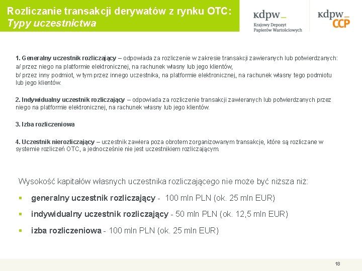 Rozliczanie transakcji derywatów z rynku OTC: Typy uczestnictwa 1. Generalny uczestnik rozliczający – odpowiada