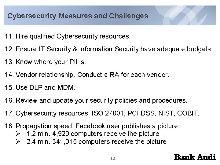 Cybersecurity Measures and Challenges 11. Hire qualified Cybersecurity resources. 12. Ensure IT Security &