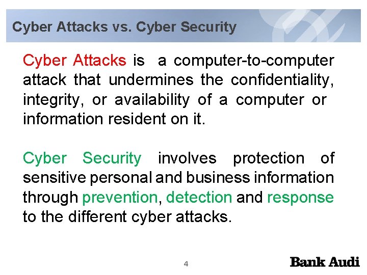 Cyber Attacks vs. Cyber Security Cyber Attacks is a computer-to-computer attack that undermines the