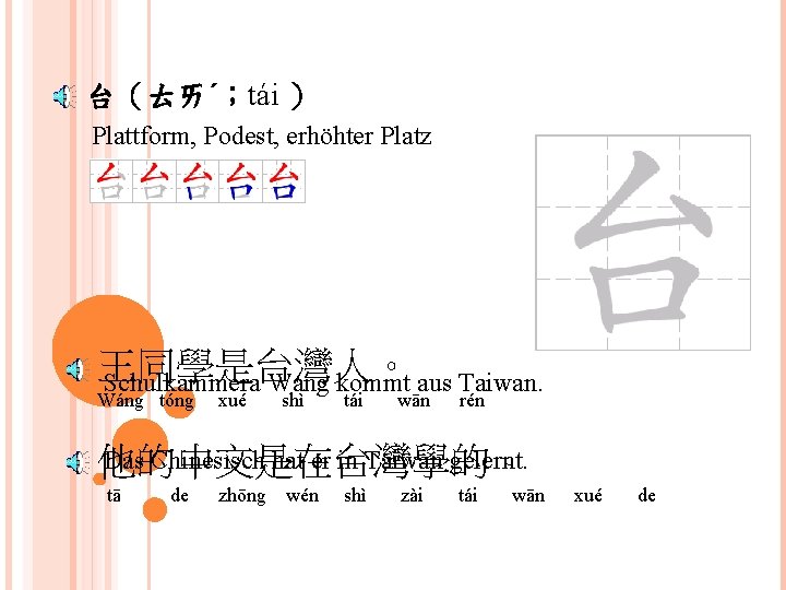 台（ㄊㄞˊ；tái ） Plattform, Podest, erhöhter Platz 王同學是台灣人。 Schulkammera Wang kommt aus Taiwan. Wáng tóng