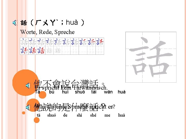 話（ㄏㄨㄚˋ；huà ） Worte, Rede, Spreche 他不會說台灣話。 Er spricht kein Taiwanesisch. Tā bú huì shuō