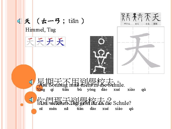 天 （ㄊㄧㄢ ; tiān ） Himmel, Tag 星期天不用到學校去。 Am Sonntag muß nicht in die