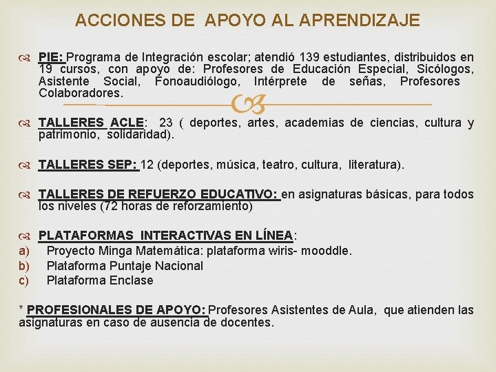 ACCIONES DE APOYO AL APRENDIZAJE PIE: Programa de Integración escolar; atendió 139 estudiantes, distribuidos