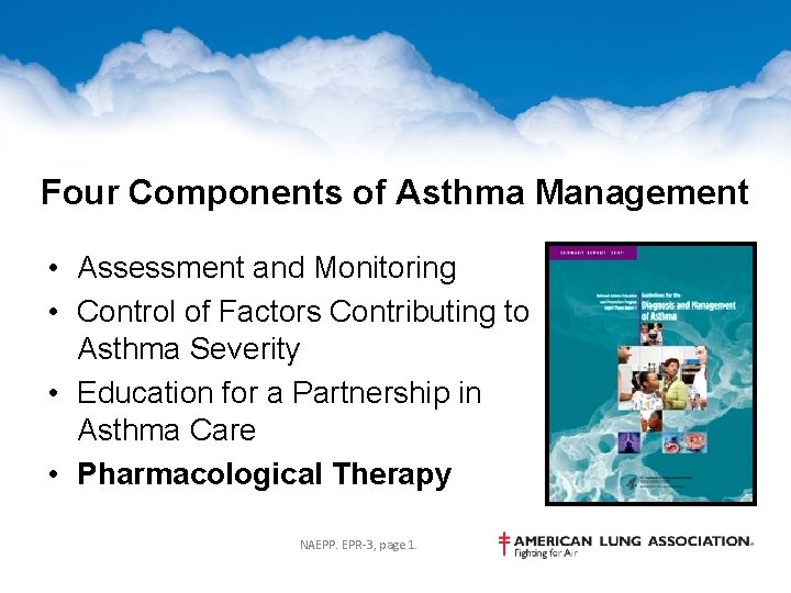 Four Components of Asthma Management • Assessment and Monitoring • Control of Factors Contributing