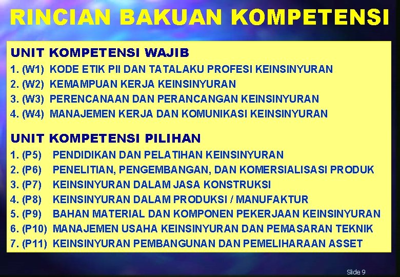 RINCIAN BAKUAN KOMPETENSI UNIT KOMPETENSI WAJIB 1. (W 1) 2. (W 2) 3. (W