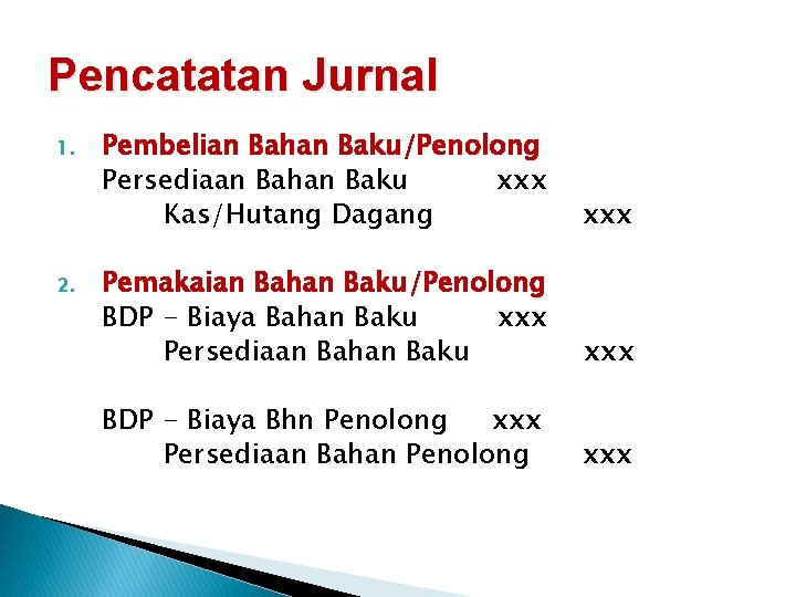 Pencatatan Jurnal 1. 2. Pembelian Bahan Baku/Penolong Persediaan Bahan Baku xxx Kas/Hutang Dagang xxx