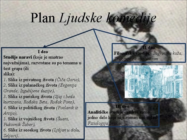 Plan Ljudske komedije I deo Studije naravi (koje je smatrao najvažnijima), razvrstane su po