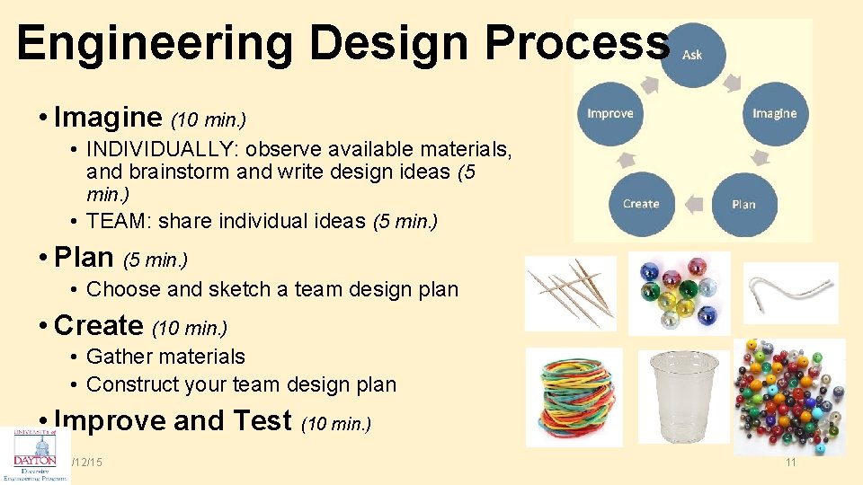 Engineering Design Process • Imagine (10 min. ) • INDIVIDUALLY: observe available materials, and