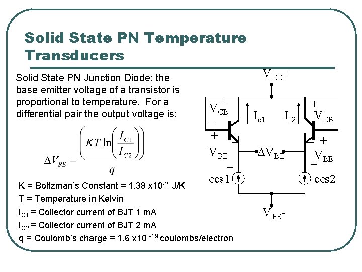 Solid State PN Temperature Transducers Solid State PN Junction Diode: the base emitter voltage
