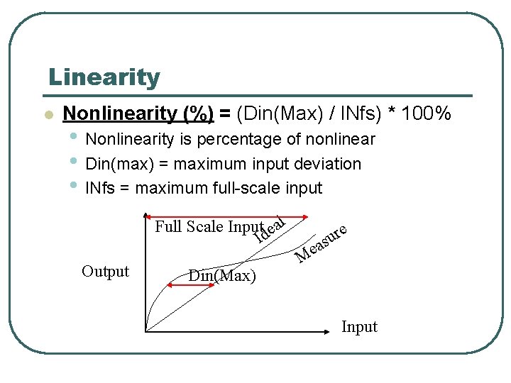 Linearity l Nonlinearity (%) = (Din(Max) / INfs) * 100% • Nonlinearity is percentage Linearity l Nonlinearity (%) = (Din(Max) / INfs) * 100% • Nonlinearity is percentage