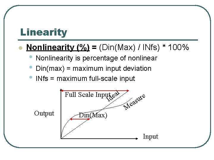 Linearity l Nonlinearity (%) = (Din(Max) / INfs) * 100% • Nonlinearity is percentage