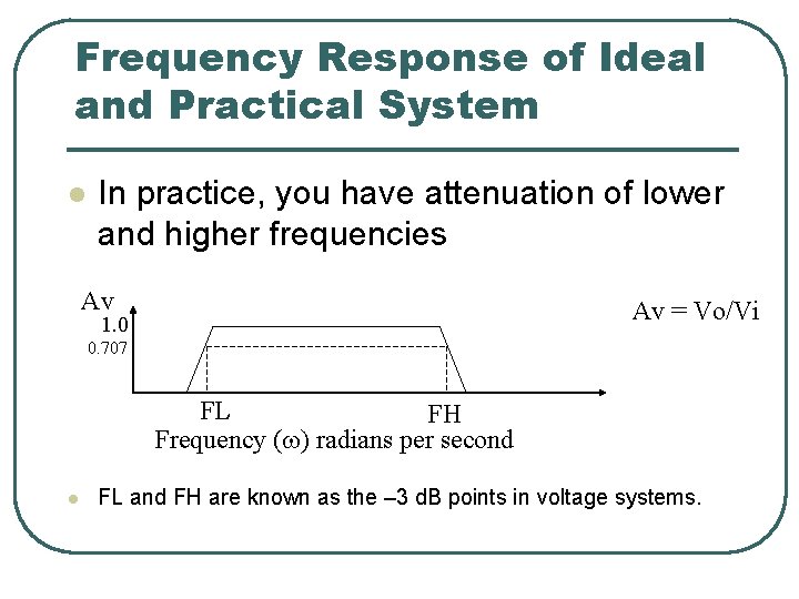 Frequency Response of Ideal and Practical System l In practice, you have attenuation of