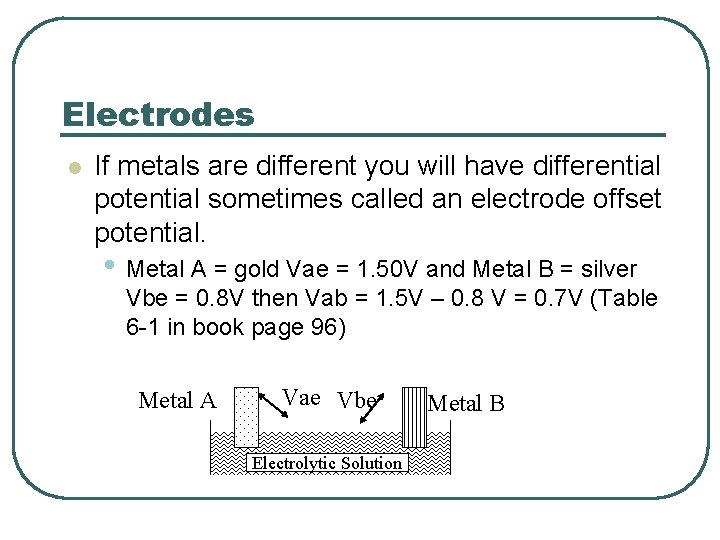 Electrodes l If metals are different you will have differential potential sometimes called an