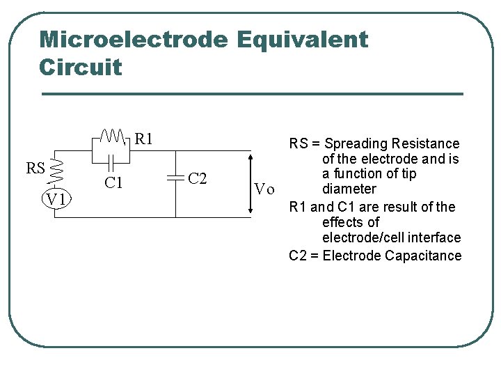 Microelectrode Equivalent Circuit R 1 RS V 1 C 2 Vo RS = Spreading