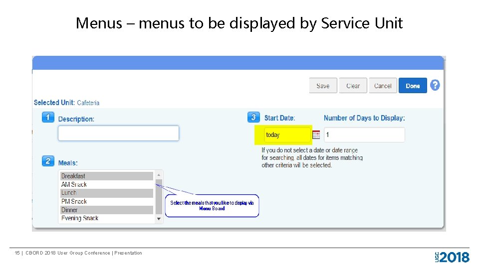 Menus – menus to be displayed by Service Unit 15 | CBORD 2018 User