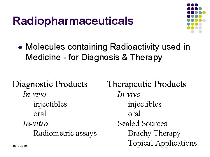 Radiopharmaceuticals l Molecules containing Radioactivity used in Medicine - for Diagnosis & Therapy Diagnostic