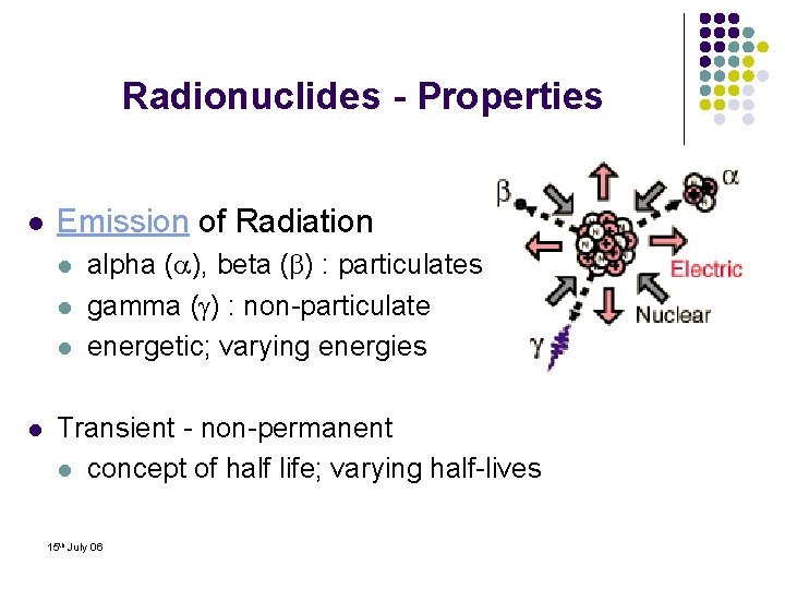 Radionuclides - Properties l Emission of Radiation l l alpha ( ), beta (