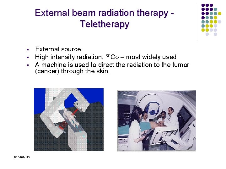 External beam radiation therapy Teletherapy § § § 15 th July 06 External source