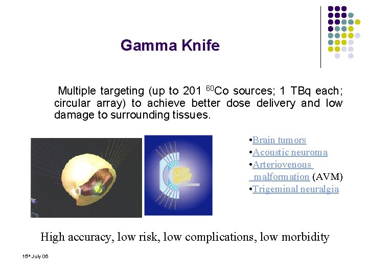 Gamma Knife Multiple targeting (up to 201 60 Co sources; 1 TBq each; circular