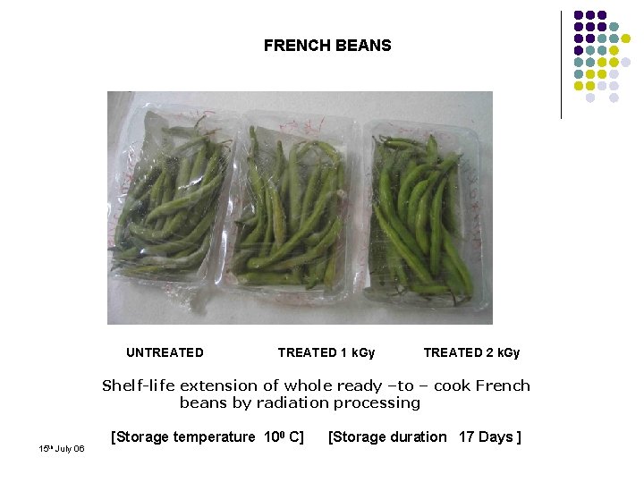 FRENCH BEANS UNTREATED 1 k. Gy TREATED 2 k. Gy Shelf-life extension of whole