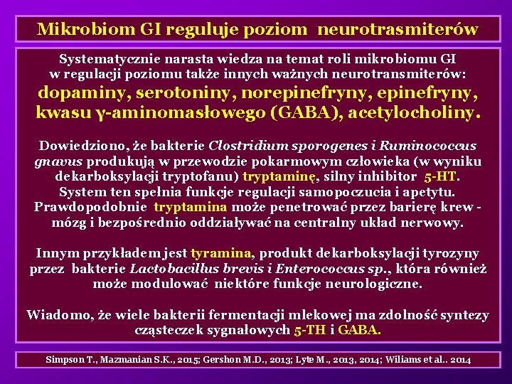 Mikrobiom GI reguluje poziom neurotrasmiterów Systematycznie narasta wiedza na temat roli mikrobiomu GI w