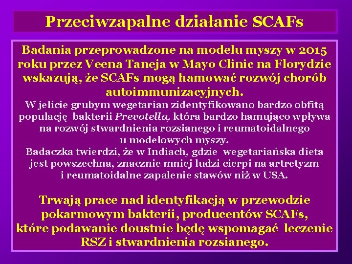 Przeciwzapalne działanie SCAFs Badania przeprowadzone na modelu myszy w 2015 roku przez Veena Taneja