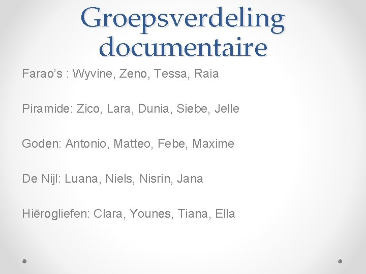 Groepsverdeling documentaire Farao’s : Wyvine, Zeno, Tessa, Raia Piramide: Zico, Lara, Dunia, Siebe, Jelle