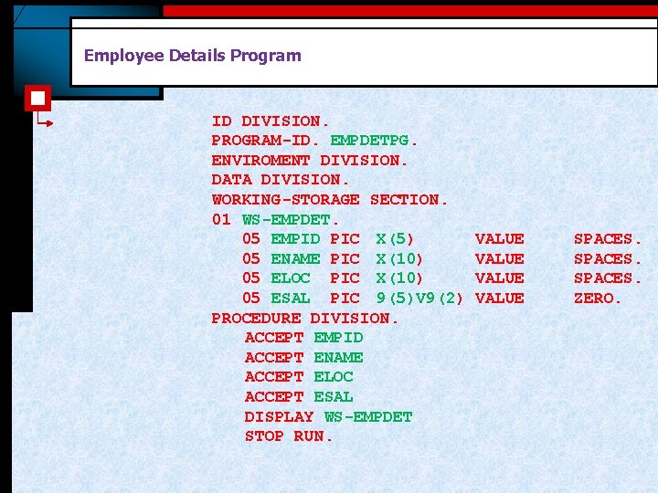 Employee Details Program ID DIVISION. PROGRAM-ID. EMPDETPG. ENVIROMENT DIVISION. DATA DIVISION. WORKING-STORAGE SECTION. 01