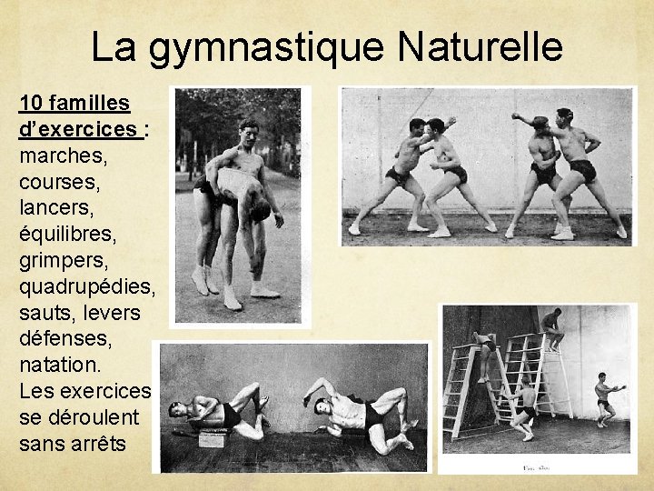 La gymnastique Naturelle 10 familles d’exercices : marches, courses, lancers, équilibres, grimpers, quadrupédies, sauts,