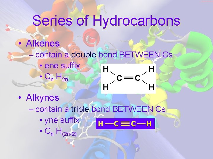 Series of Hydrocarbons • Alkenes – contain a double bond BETWEEN Cs • ene Series of Hydrocarbons • Alkenes – contain a double bond BETWEEN Cs • ene