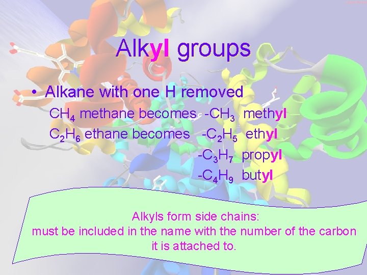 Alkyl groups • Alkane with one H removed CH 4 methane becomes -CH 3