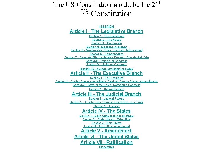 The US Constitution would be the 2 nd US Constitution Preamble Article I -