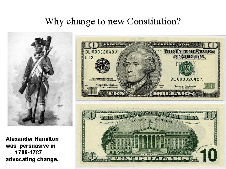 Why change to new Constitution? Alexander Hamilton was persuasive in 1786 -1787 advocating change.