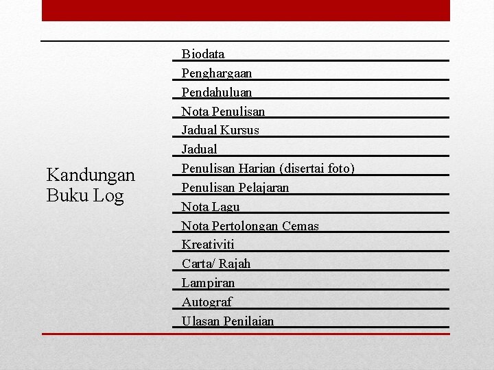 Kandungan Buku Log Biodata Penghargaan Pendahuluan Nota Penulisan Jadual Kursus Jadual Penulisan Harian (disertai