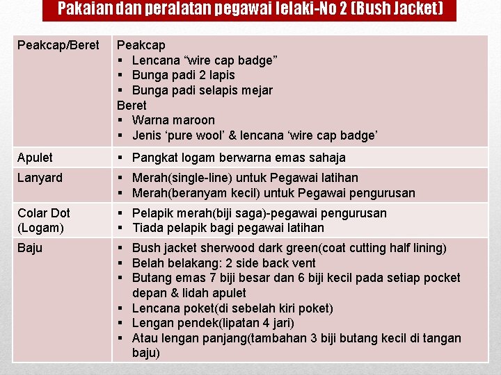 Pakaian dan peralatan pegawai lelaki-No 2 (Bush Jacket) Peakcap/Beret Peakcap § Lencana “wire cap