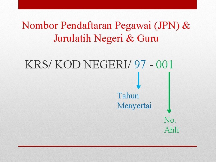 Nombor Pendaftaran Pegawai (JPN) & Jurulatih Negeri & Guru KRS/ KOD NEGERI/ 97 -