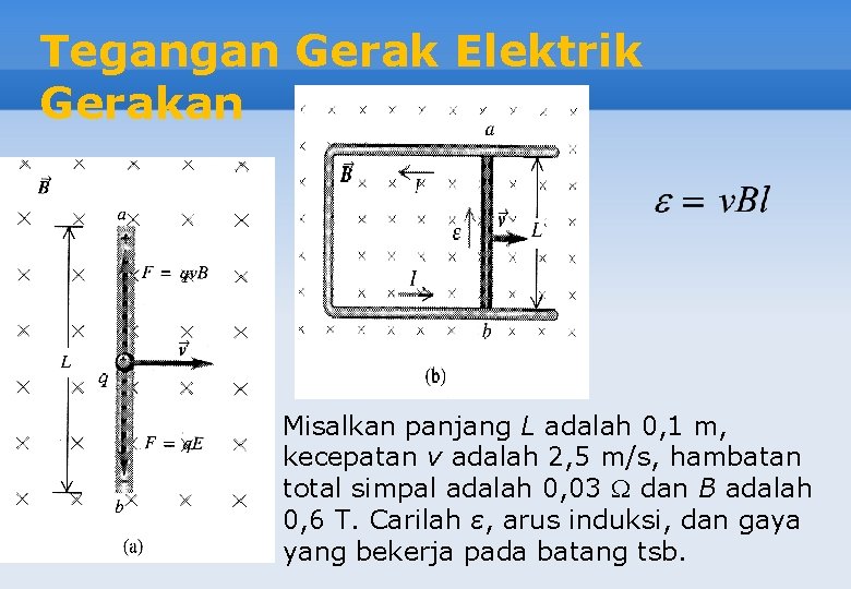 Tegangan Gerak Elektrik Gerakan Misalkan panjang L adalah 0, 1 m, kecepatan v adalah