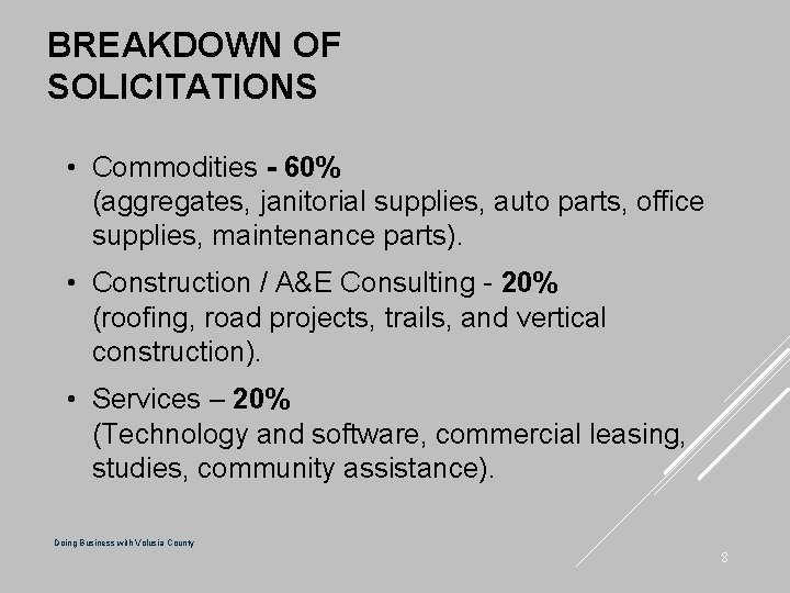 BREAKDOWN OF SOLICITATIONS • Commodities - 60% (aggregates, janitorial supplies, auto parts, office supplies,
