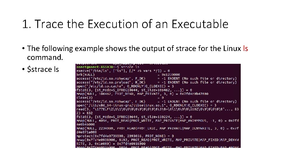 1. Trace the Execution of an Executable • The following example shows the output
