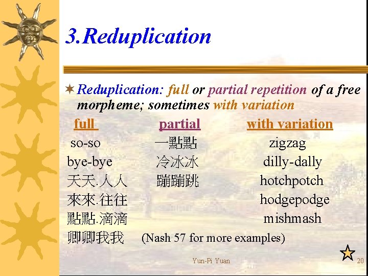 3. Reduplication ¬ Reduplication: full or partial repetition of a free morpheme; sometimes with