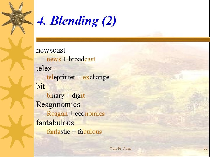 4. Blending (2) newscast news + broadcast telex teleprinter + exchange bit binary +