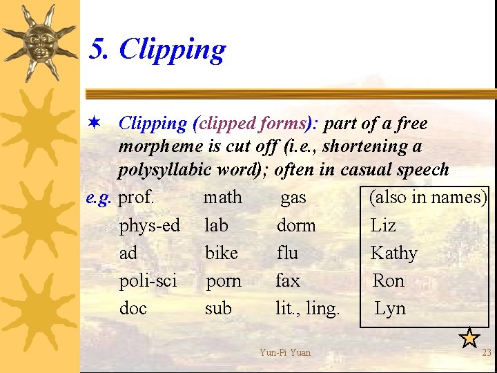 5. Clipping ¬ Clipping (clipped forms): part of a free morpheme is cut off