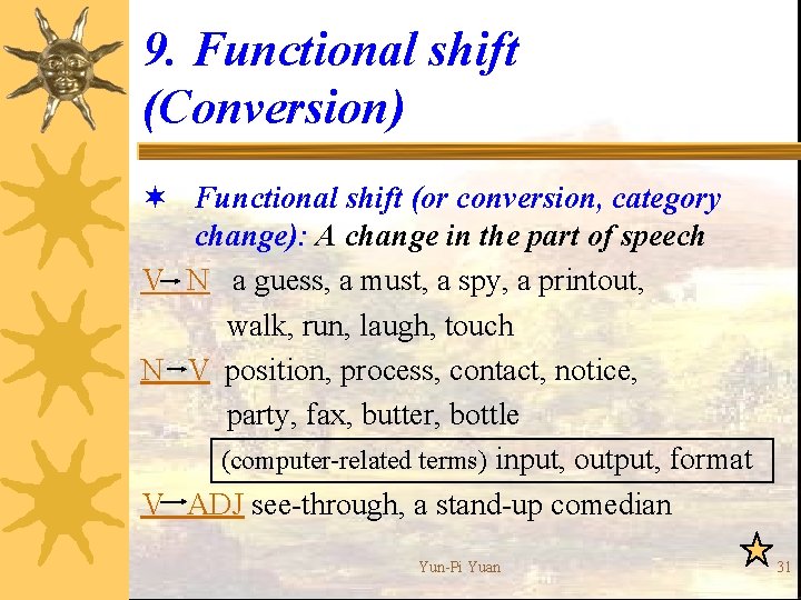 9. Functional shift (Conversion) ¬ Functional shift (or conversion, category change): A change in