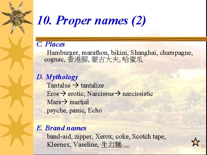 10. Proper names (2) C. Places Hamburger, marathon, bikini, Shanghai, champagne, cognac, 香港腳, 蒙古大夫,